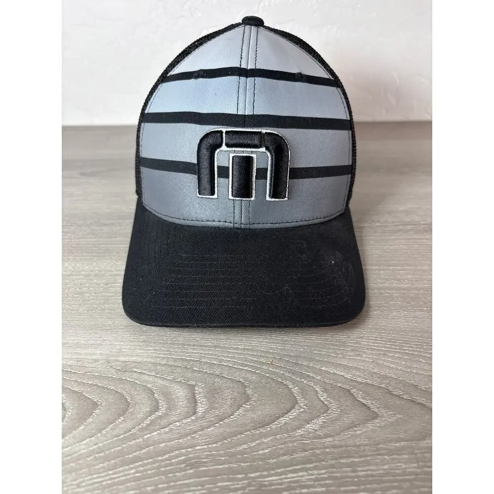 Travis Mathew Black Gray Blue Men's FlexFit Mesh Back‎ Golf Hat Size S-M- EUC